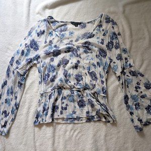 American Eagle Blue and White Floral Bell Sleeve Blouse
